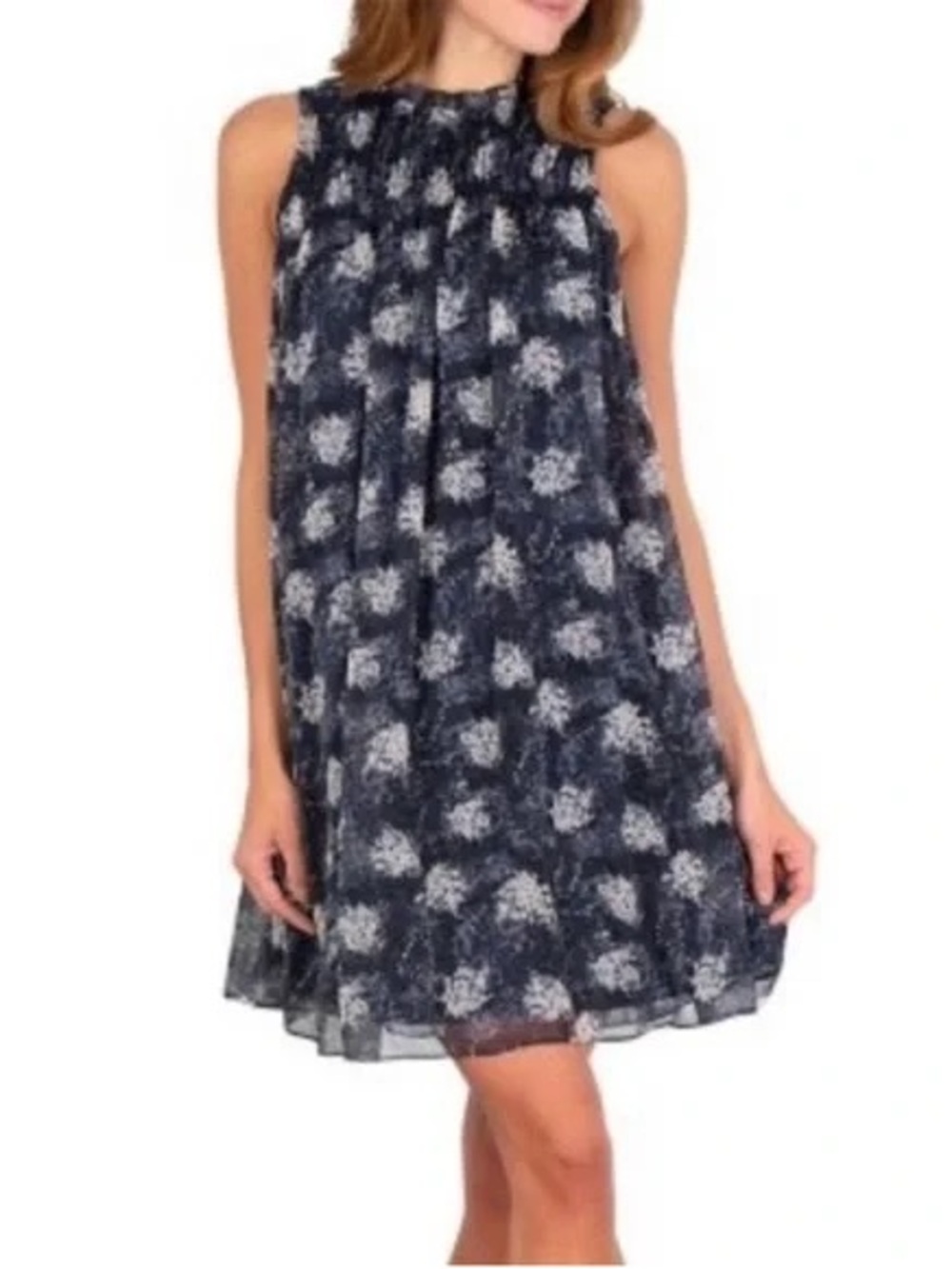 Joie Black Abstract Floral Pleated Midi Dress | Sleeveless Sheer Overlay dress